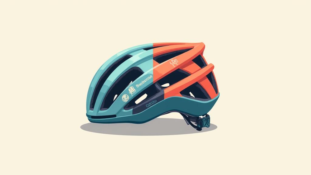 Infographic illustrating helmet features like ventilation, MIPS layer, and retention system, with text callouts for different tour needs.